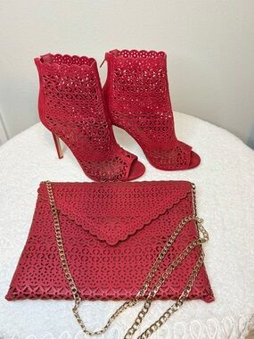 ALDO Red Peep-Toe Stiletto Booties Heels with Matching Clutch/Shoulder purse